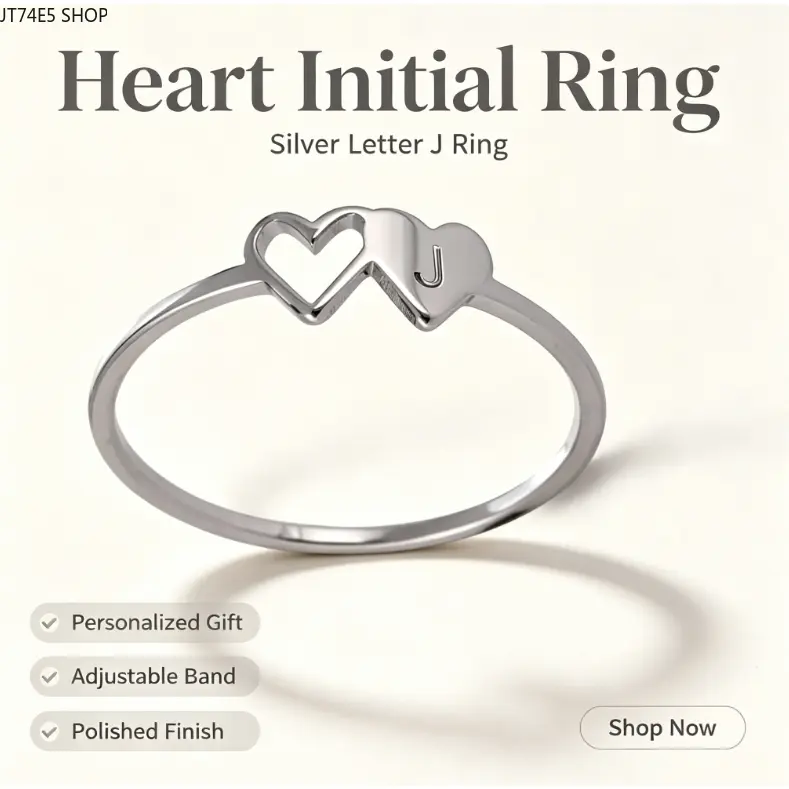 Unisex Adjustable Band Initial Letter Open Heart Ring - 26-Letter Alloy Double Heart, Personalized Stainless Steel Jewelry Gift Idea