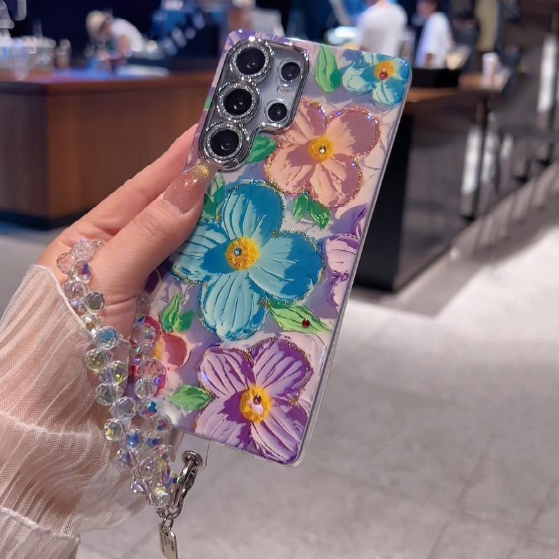 For S25/24/23/S22 blue light oil painting Green and Pink flower shell anti fall protective cover  HN201