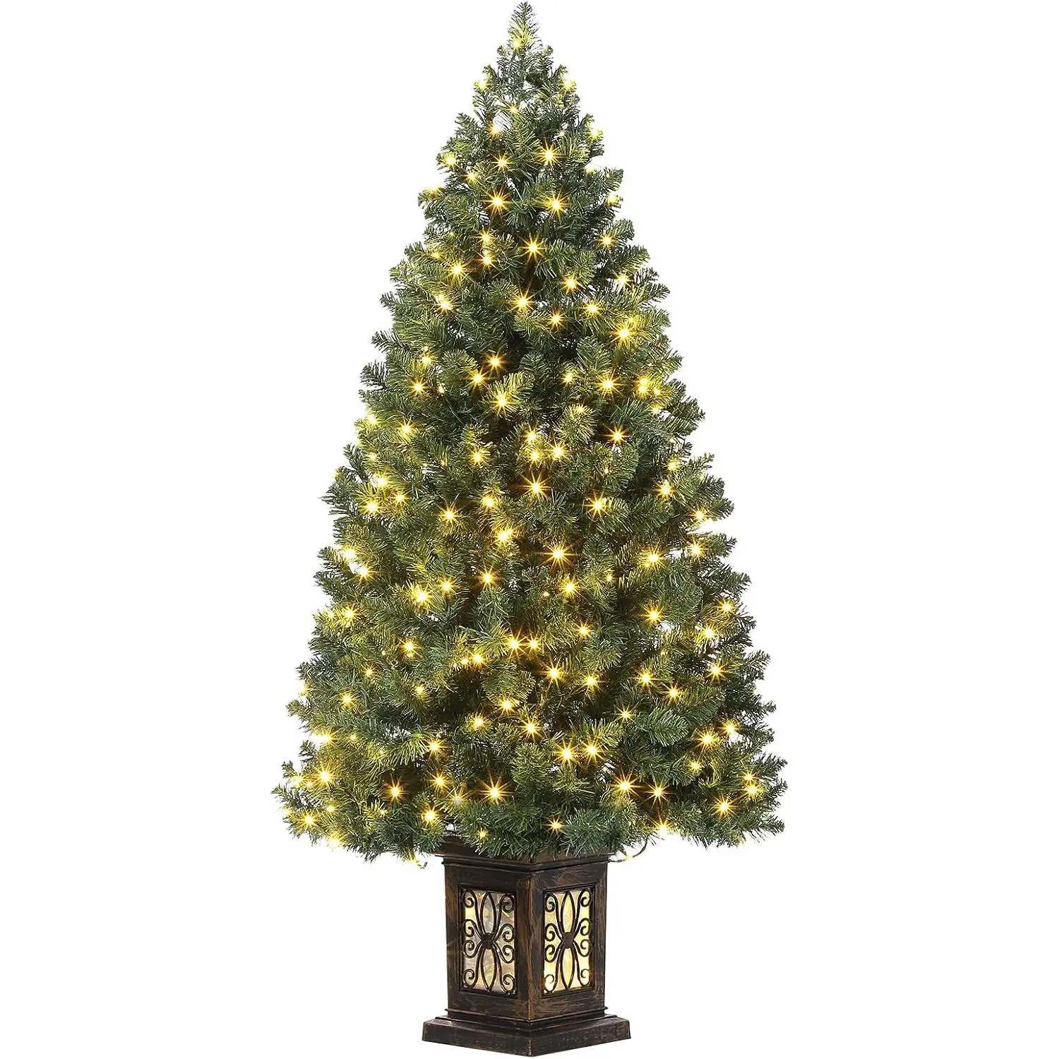 4.5 FT Pre-Lit Fiber Optic Artificial Christmas Tree, Potted Xmas Tree with 300 Warm White LED Lights, 8 Dynamic Lighting Modes, Timer Function & Antique Urn Base, Lush Realistic Holiday Decor for Indoor Home Office Porch Shop