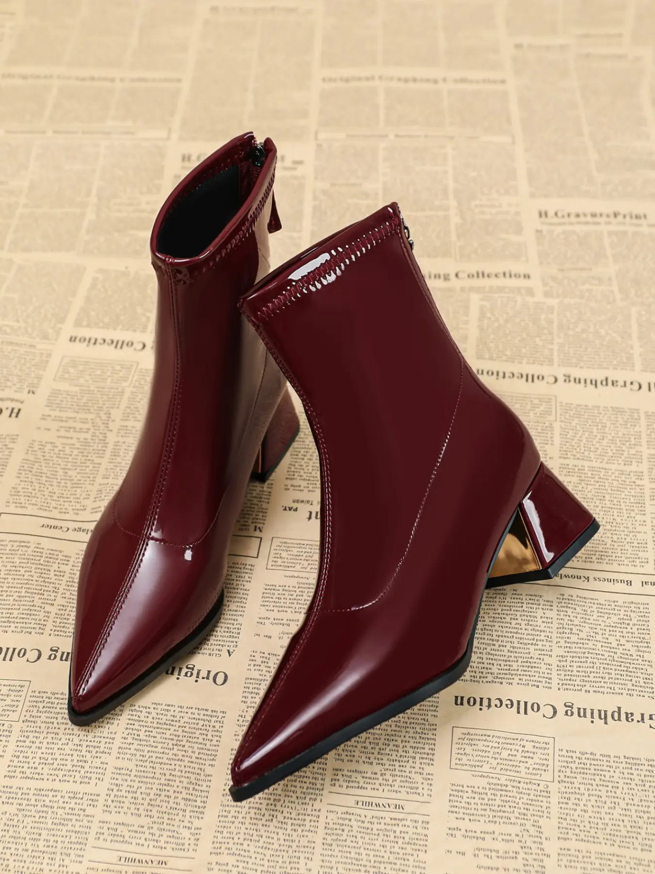Women's Glossy Patent Leather Pointed Toe Ankle Boots, Mid Heel, Zipper Back, Anti-Slip Sole, Party or Office Wear, or Wine