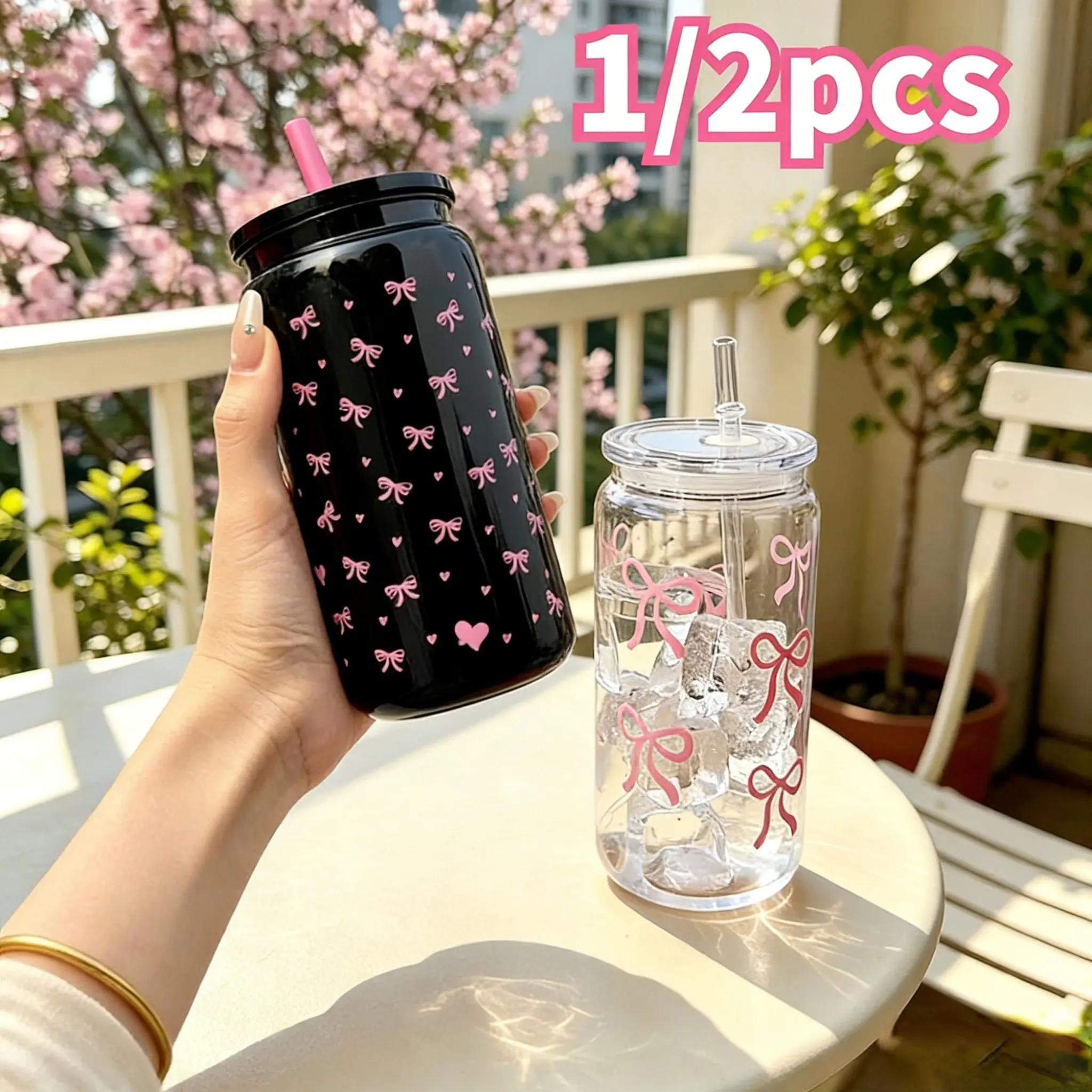 500ML Bow Straw Cup, Transparent Plastic Jar with Lid and Straw, 16oz Flat Bottom, Ideal for Ice Coffee, Water, Milk, Juice, Party Gift, Clear Water Bottle with Straw, Plastic Water Bottles