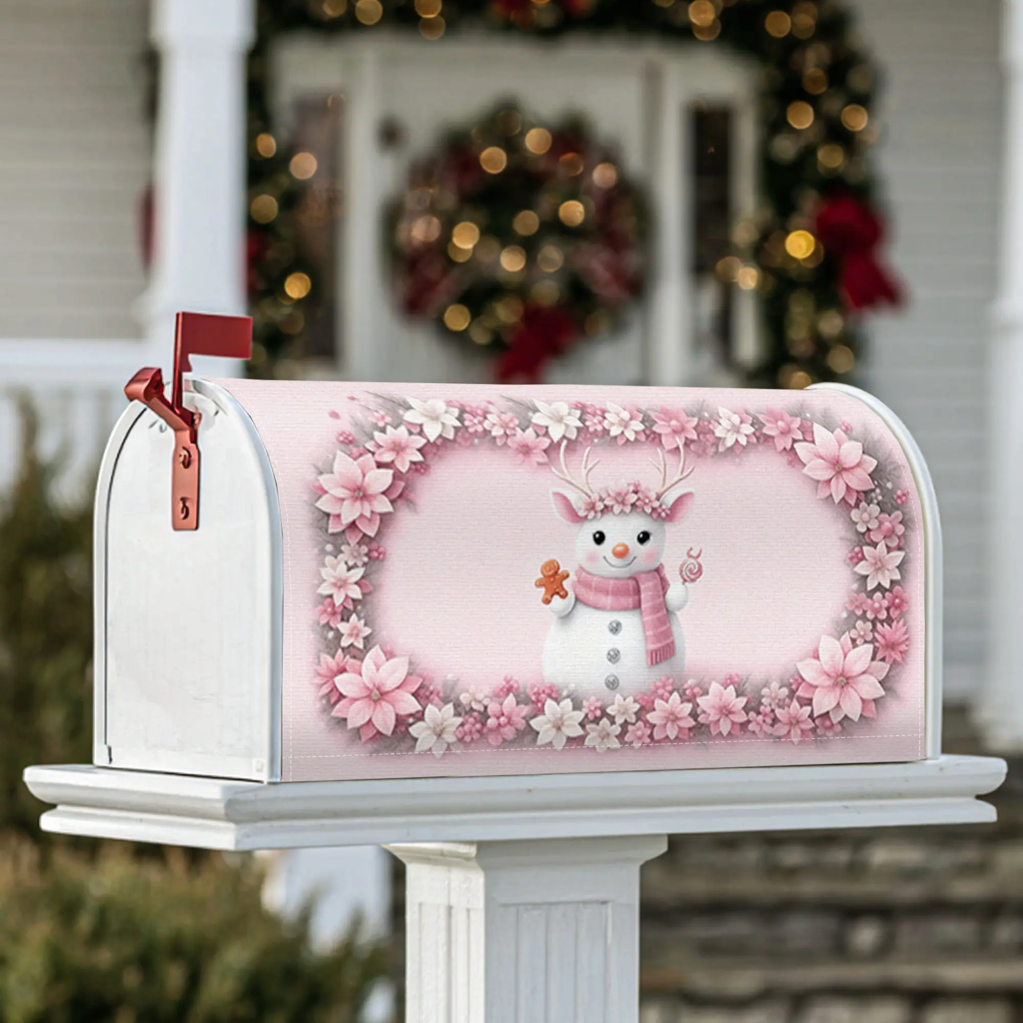 snowman Magnetic Mailbox Covers, Winter festive flowers scarf Winter pink Seasonal Mailbox Cover for Front Porch Decor
