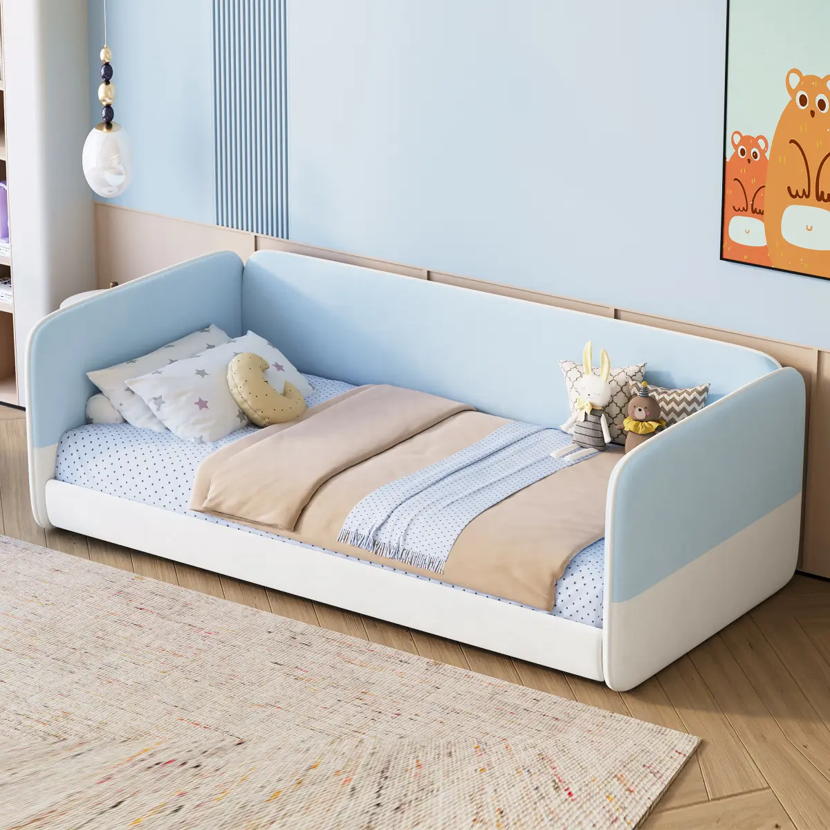 Twin Size Montessori Floor Bed with Upholstered Headboard and Armrests, Velvet Floor Bed Frame with Soft and Safe Design, Low Profile Platform Bed with Protective Sides,Blue