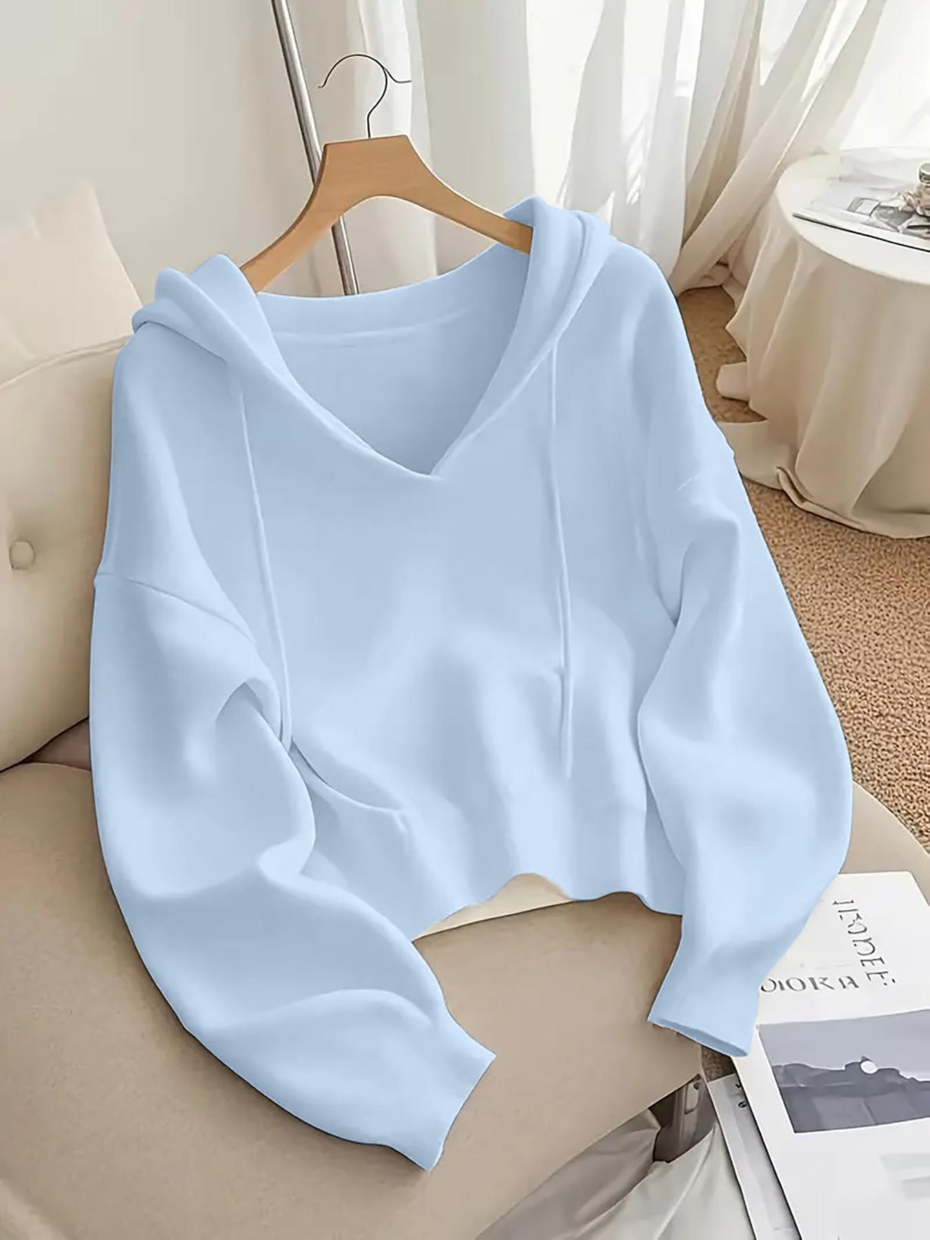 Women's V-Neck Adjustable Drawstring Hoodie, Loose Fit Soft Knit Pullover, Casual Unique Design Long Sleeve Sweatshirt for Early Autumn