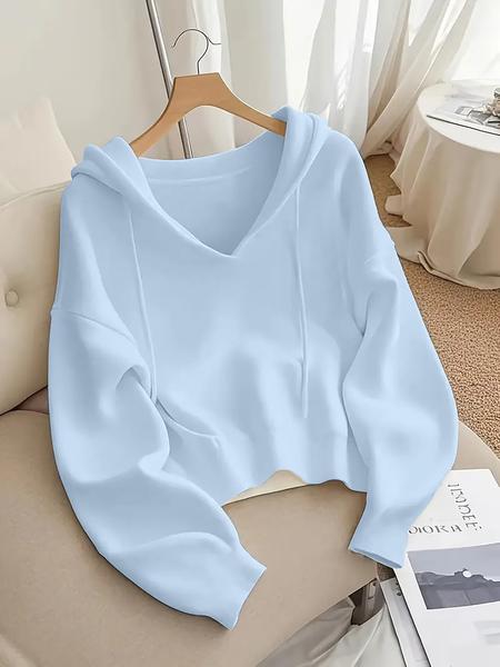 Women's V-Neck Drawstring Hoodie, Loose Fit Soft Knit Pullover, Casual Unique Design Long Sleeve Sweatshirt for Early Autumn