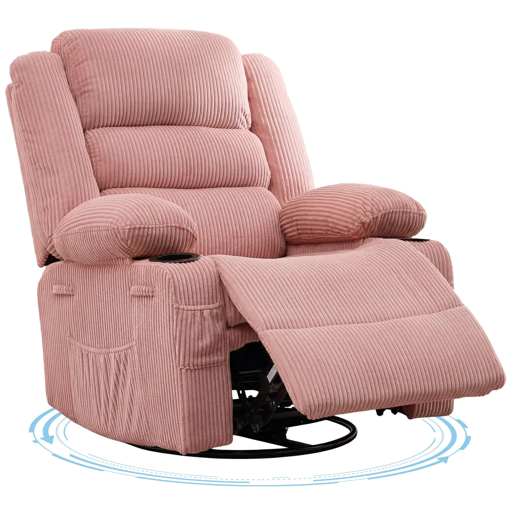 Wide 360° Swivel Rocker Recliner with Cup Holder – Upholstered Deep Seat Linen Lazy Boy Chair for Living Room