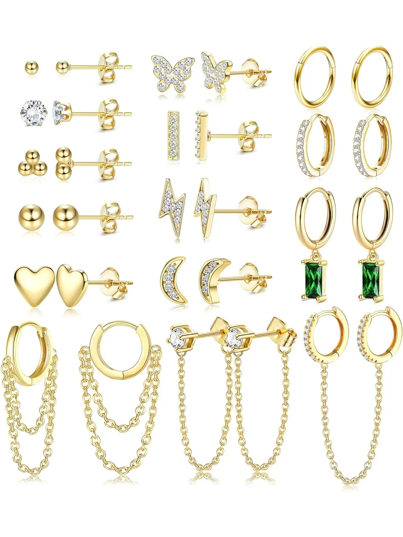 29Pcs Gold Plated Studs Earrings Jewelry and Hoops Set for Women Huggie Hoop Studs Earrings Set Dainty Minimalist Moon Heart Butterfly CZ Ball Small Dangle Chain Hoop Earrings Set for Multiple Piercing Circle Shape Earrings