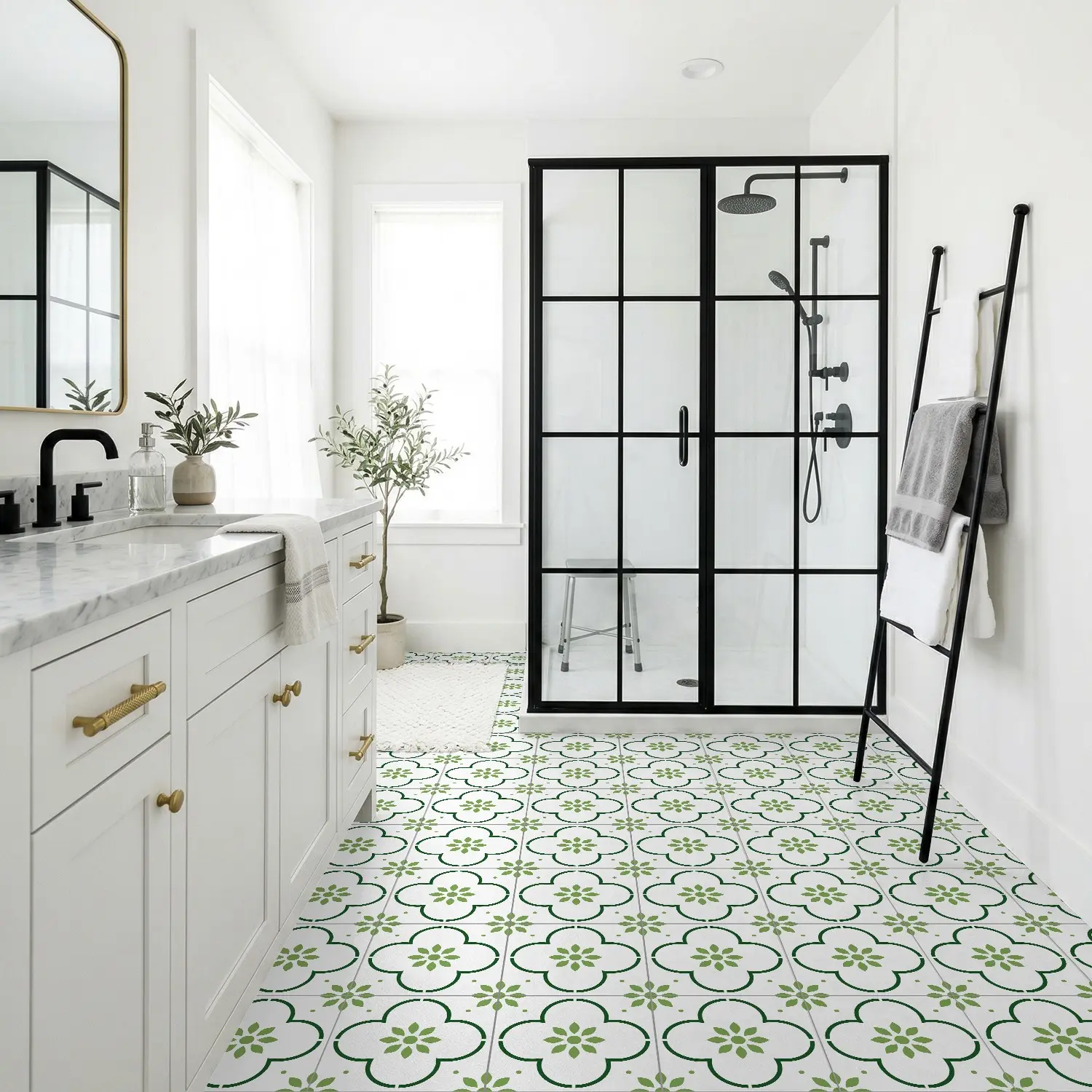 24pcs Self-Adhesive PP Floor Tiles, Waterproof, Oil-Resistant, Geometric Patterns, Ideal for Living Room, Kitchen, Bathroom, Commercial Use