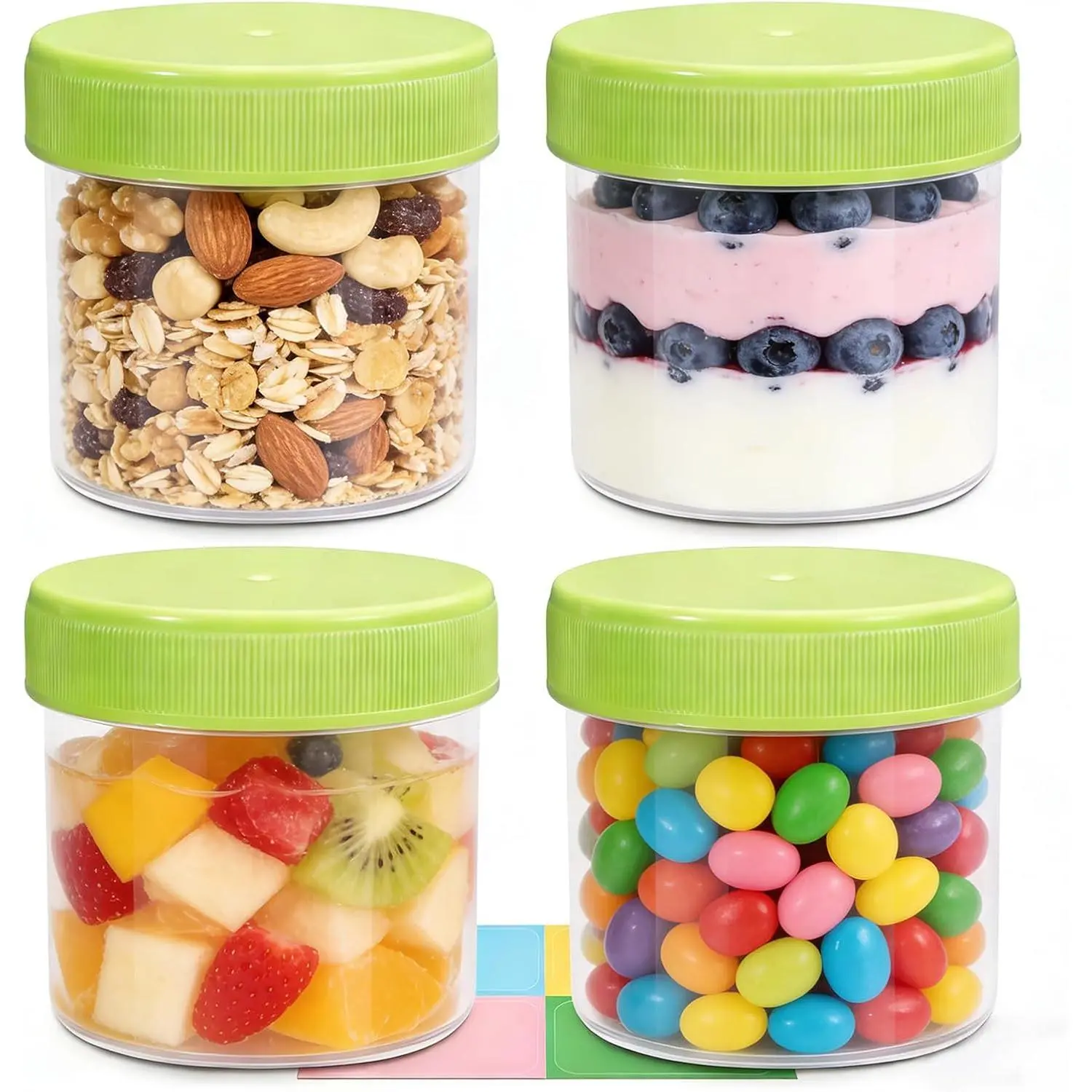 3.4oz Plastic Storage Containers with Green Airtight  4 Set, Clear Plastic  Containers for Meal Prep, Snack, Lunch, Kitchen Organization, Plastic Containers for Freezer & Travel Use