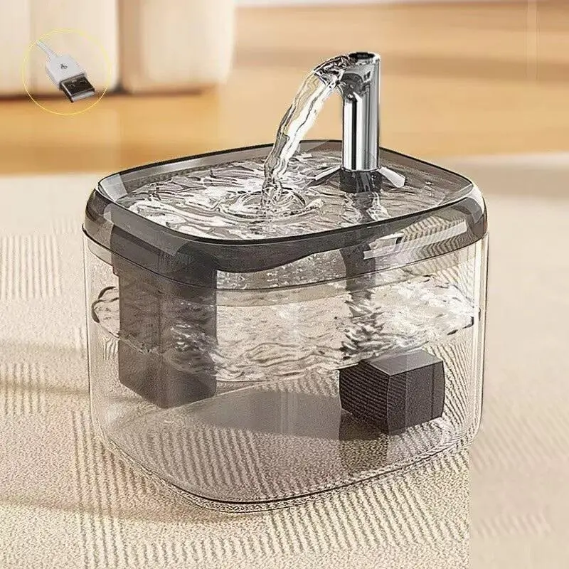 1.5L USB Cat Water Fountain, Automatic Pet Drinking Dispenser with Filter, Transparent Gray Circulating Fresh Water Bowl for Cats & Small Dogs