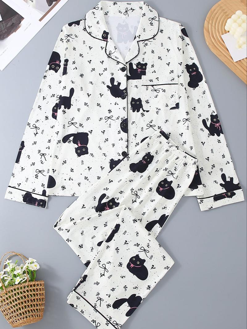 Women's Long Sleeve Pajama Set, 2-Piece Sleepwear Suit, Cartoon Animal Design, Leopard Pattern, All-Season Comfortable Loungewear