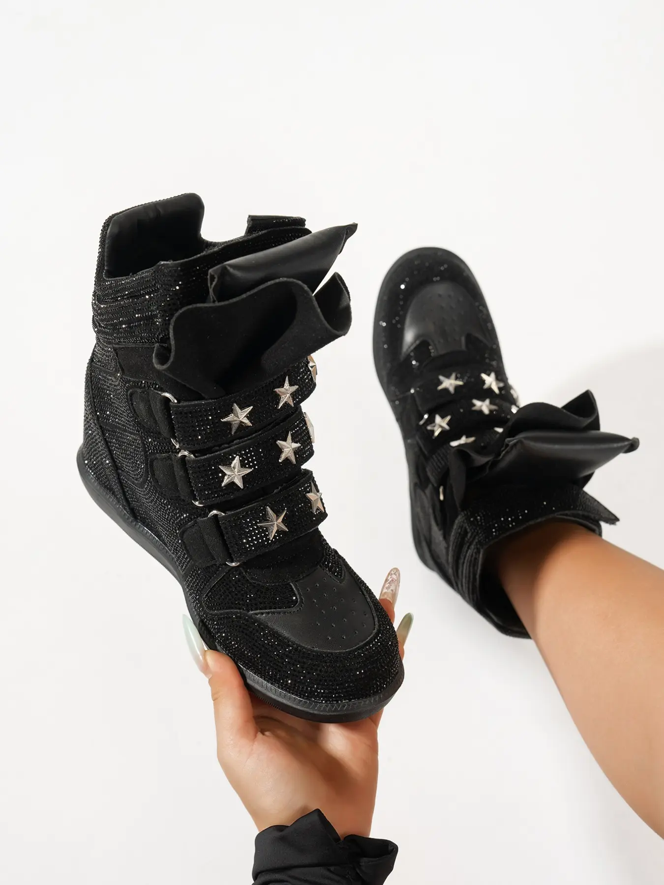 New High-Top Casual Boots with Full Rhinestones, Inner Heel Lift Design, Trendy Fashion Footwear for Men & Women