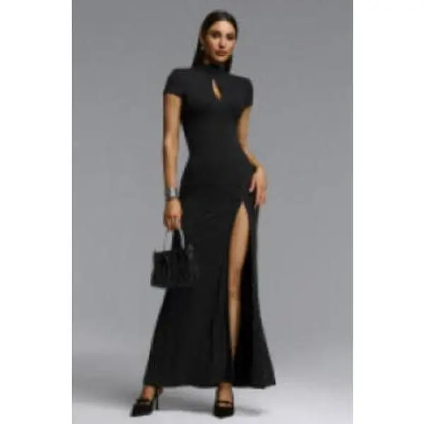 Women's Bella Barnett Saturn Chic Contour Light Flat Garments Short-Sleeve Zipper-Front Cut-Out Knit Maxi Dress, Shortsleeve