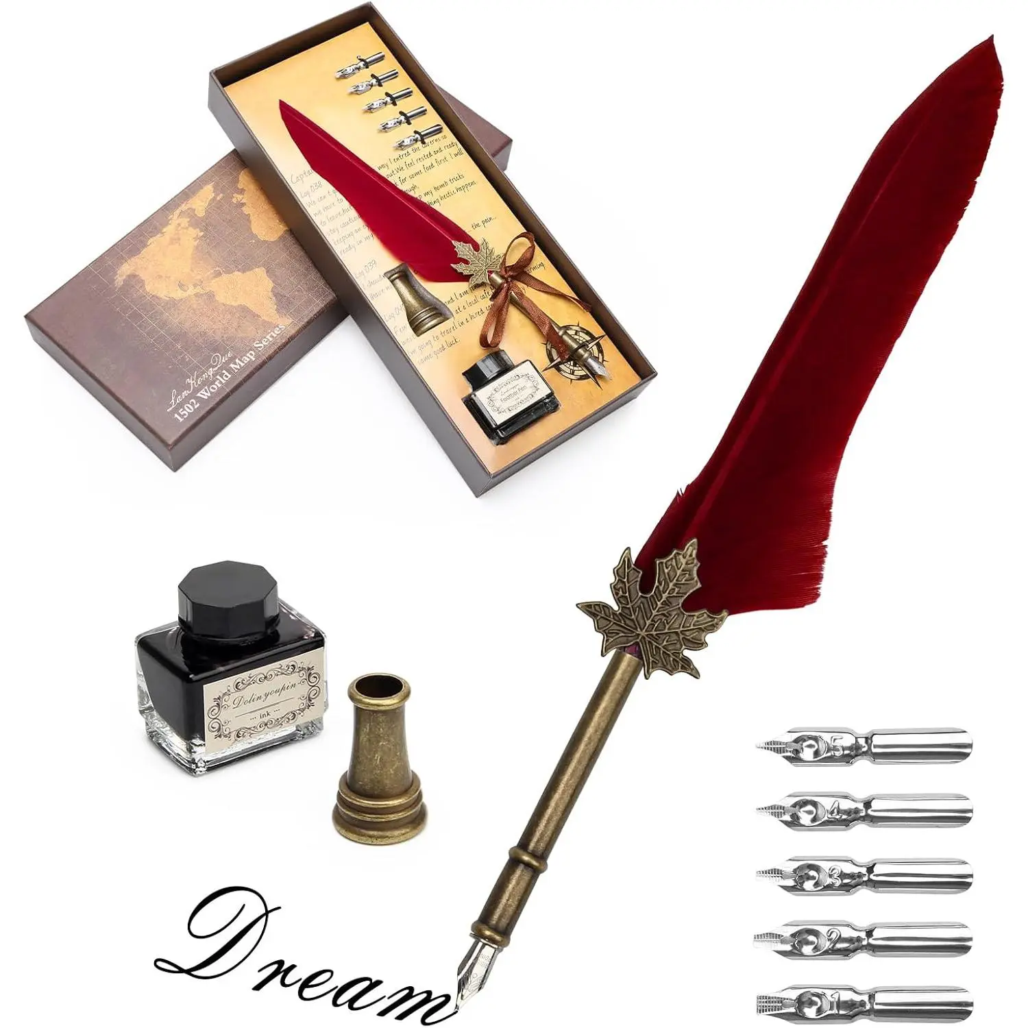 Quill Pen and Ink Set,  Pen Quill Pen Set Includes 5 Steel  Nibs,Pen Nib Base and Dip Ink Bottle for Antique Calligraphy (Red)