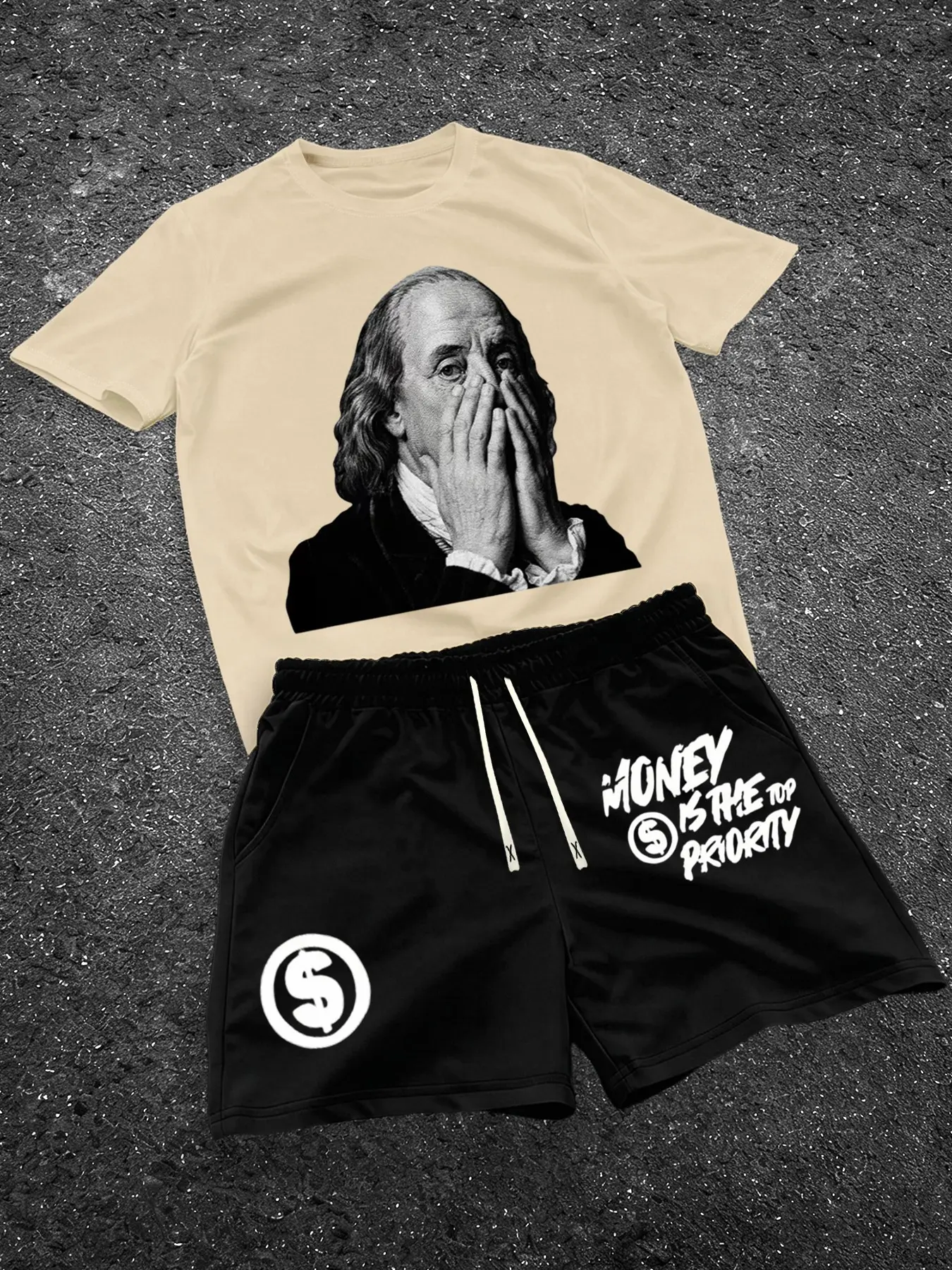 Men Two‑Piece Streetwear Outfit, Portrait Print Short‑Sleeve Tee & Slogan Dollar Symbol Print Drawstring Shorts Set, Breathable Casual Tracksuit for Summer Daily Hip‑Hop Style Matching#TwoPieceSet #PortraitPrintTee #MoneySloganShorts #HipHopStreetwear