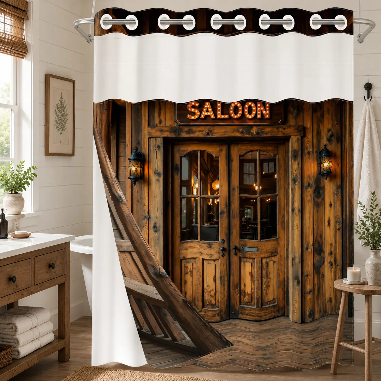1PC 2D Flat Rustic Western Saloon Door & Wood Cabin Pattern Double-Layer Woven Shower Curtain, No Hooks, Transparent Top Window, Removable Snap-On Liner, Vintage Cowboy Bathroom Art Decor, Bathroom & Holiday Decoration
