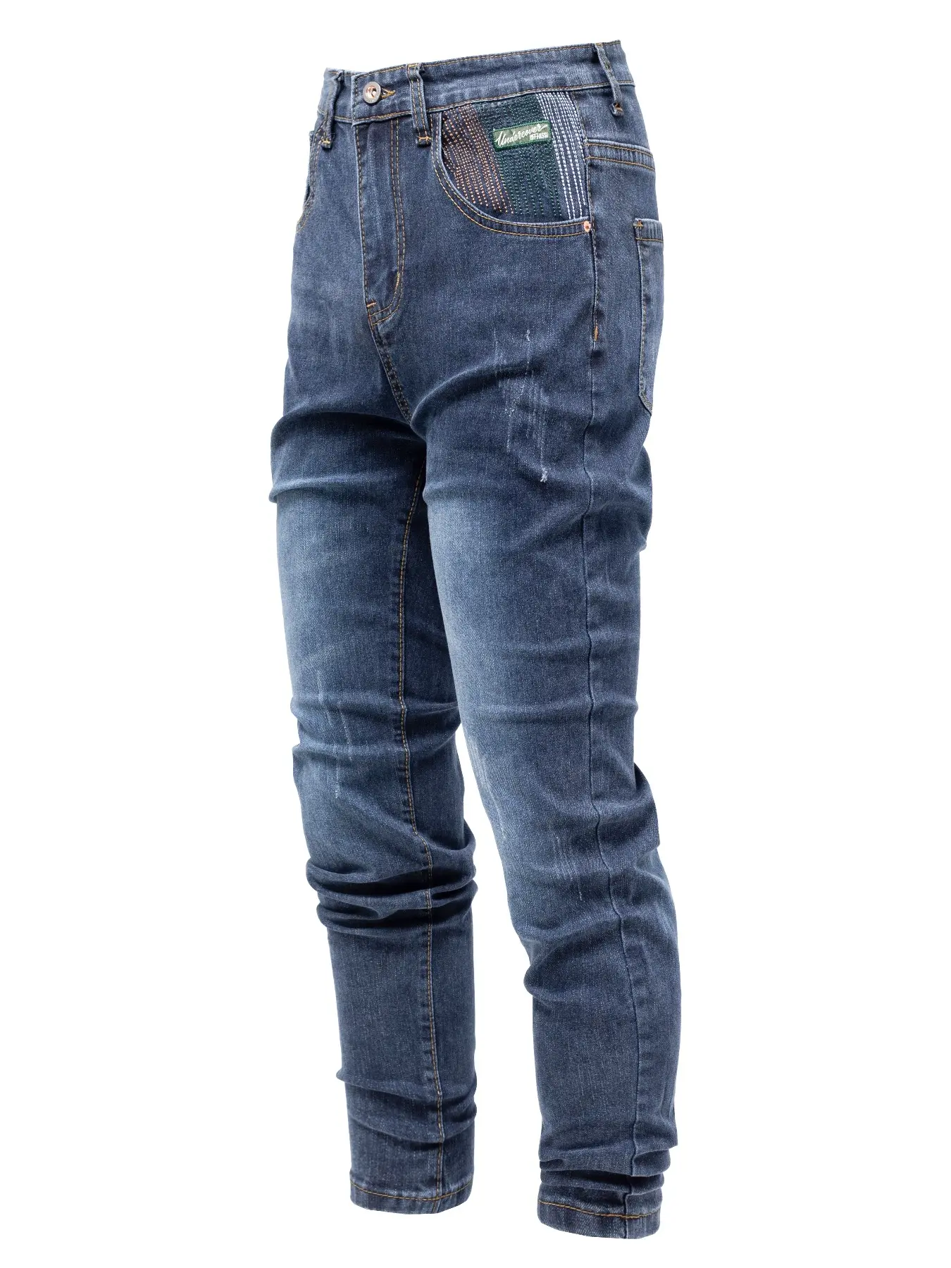Men's Blue Vintage Washed Slim Fit Stacked Jeans, Contrast Stitching, Front Pocket, Casual Streetwear, Elastic Denim Long Pants