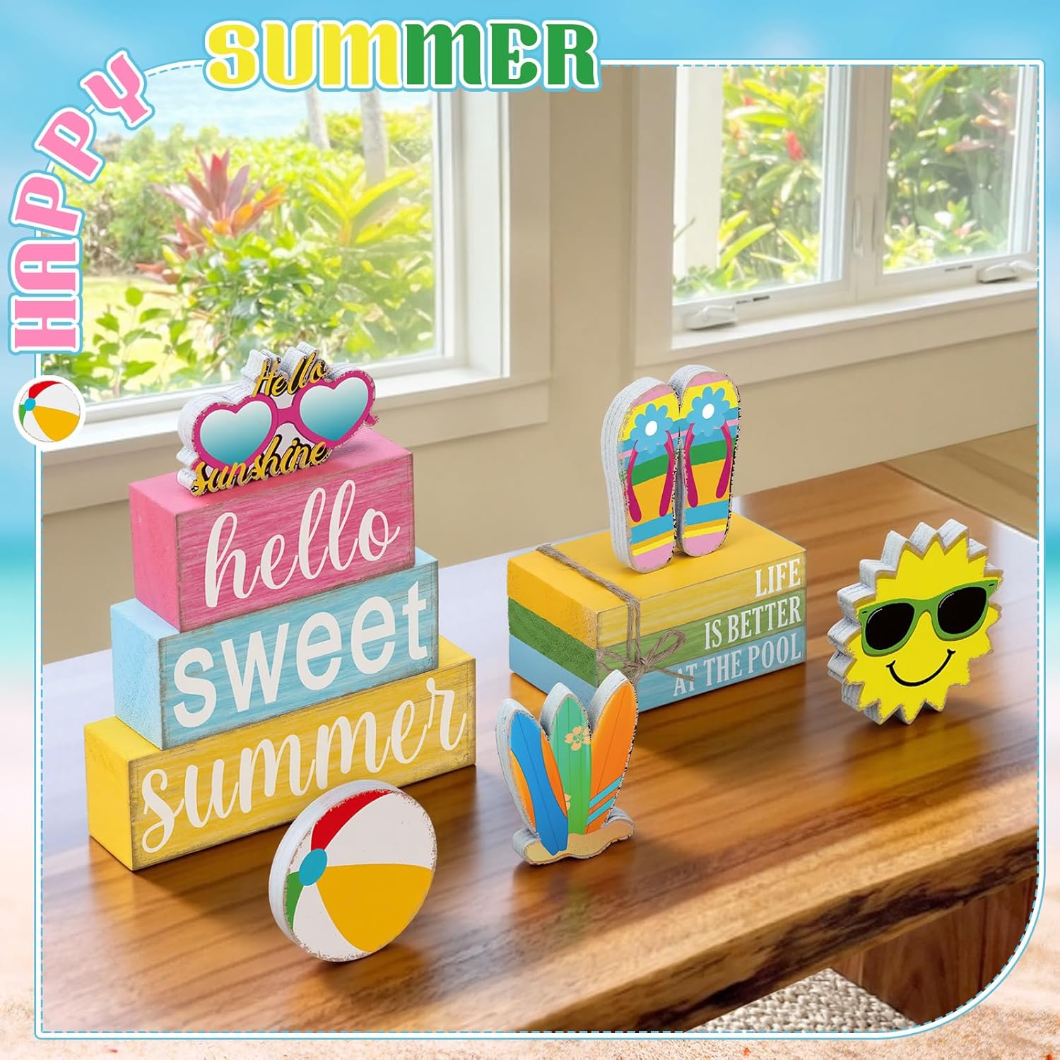 11 Pcs Summer Hawaiian Table Decorations Set Summer Tiered Tray Decor Flip Flops Centerpiece Faux Book Stack Block for Table Home Office Decorations