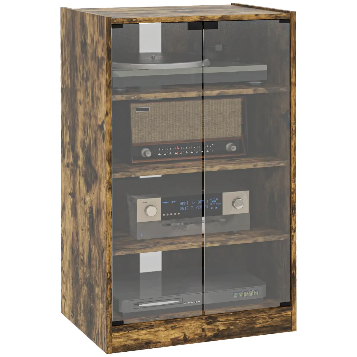 4-Tiered Audio Rack Cabinet - 21.25in W x 15.75in D x 35.75in H Sturdy Modern Media Stand, Adjustable Shelves, Tempered Glass Doors, Cable Management, Anti-Tip Base, Assembly Required, Rustic Brown Indoor Cupboard, Four-Tiered