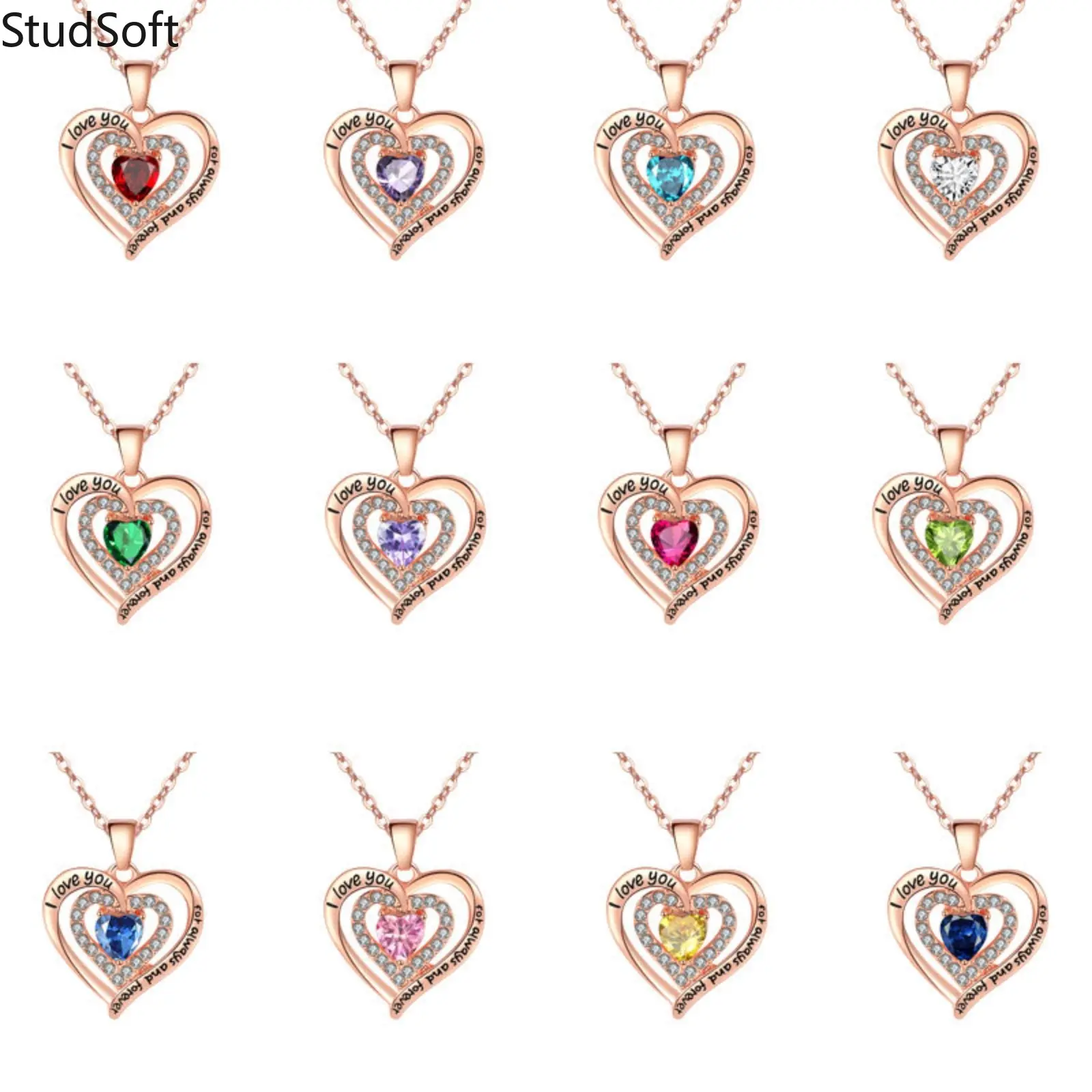 Women Heart Birthstone Necklace Rose Gold Engraved Pendant Fashion Cubic Zirconia Interlocking Jewelry Cute Birthday Gift for Her Girlfriend Wife Mother, Birthday Gift Ideas, Engraved Heart, Charm Pendant, Jewelry For Women, Birthstone Theme, Romantic Cha