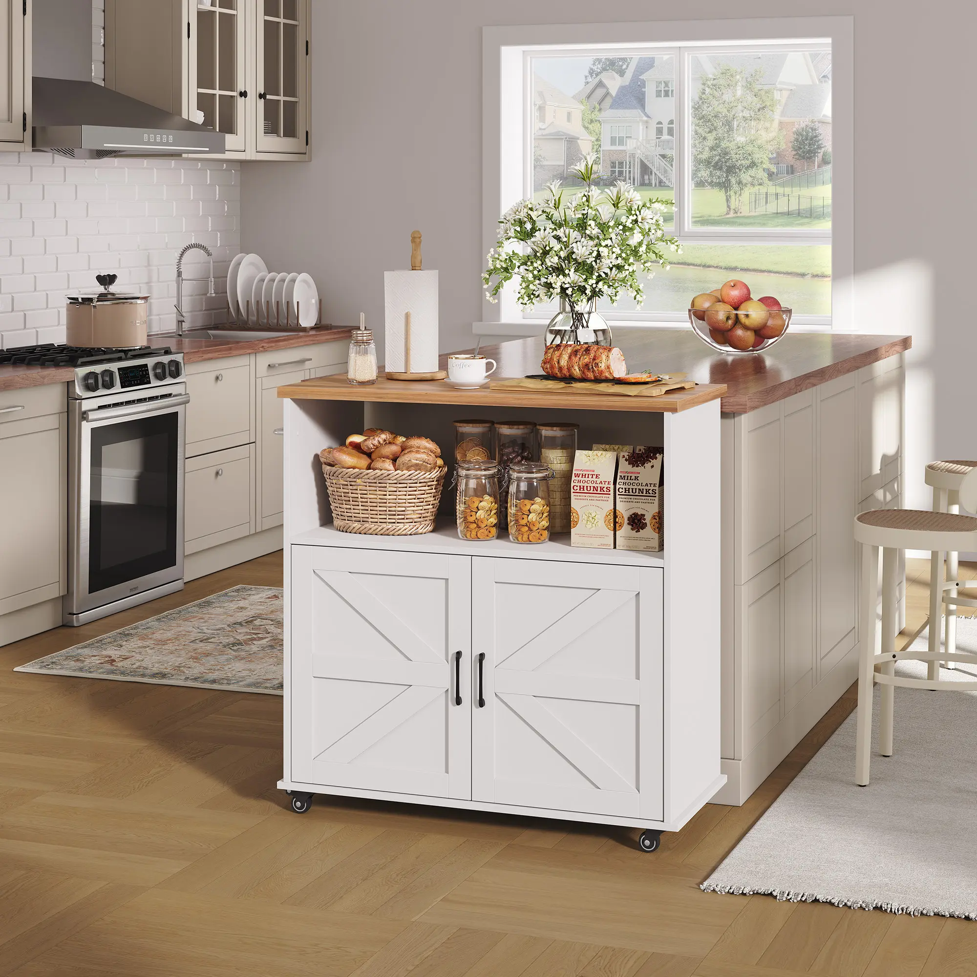 Spacious Storage Rolling Kitchen Island Cart - Wood Top, Lockable Wheels, Drawers, Towel Rack, Portable Cabinet Table