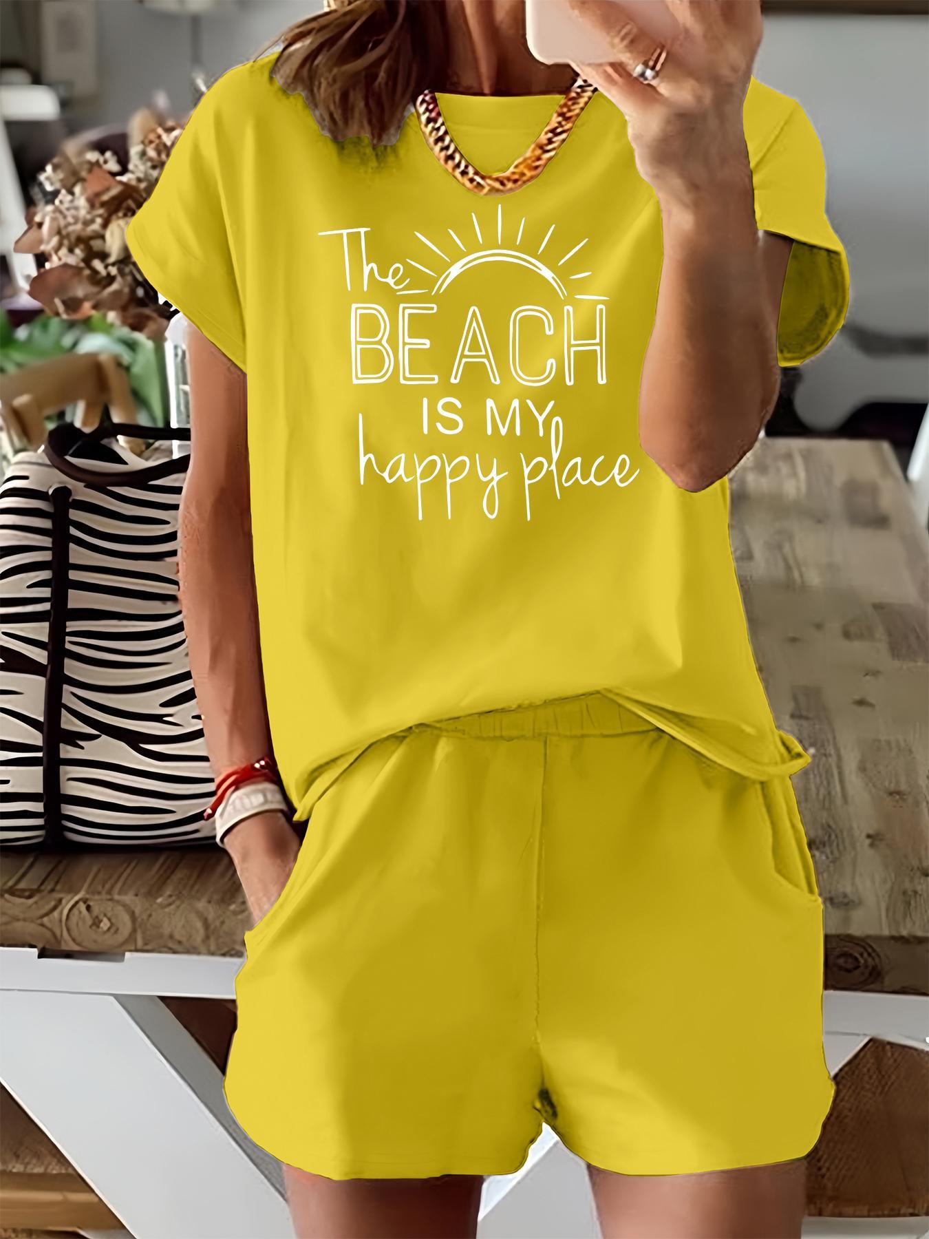 Two-Piece Set Women's Letter Sun Print Short Sleeve Tee & Elastic Waist Shorts, Casual Round Neck T-shirt & Pocket Shorts for Summer, Ladies Clothes for Beach Vacation