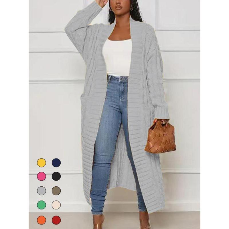 Women's Solid Color Textured Drop Shoulder Pocket Longline Cardigan, Casual Open Front Long Sleeve Knitwear for Fall & Winter, Women's Knit Clothing for Daily Wear, Lady Baggy Cardigans for Women, Womenswear, Casual Knit Top Can be used with a raincoat