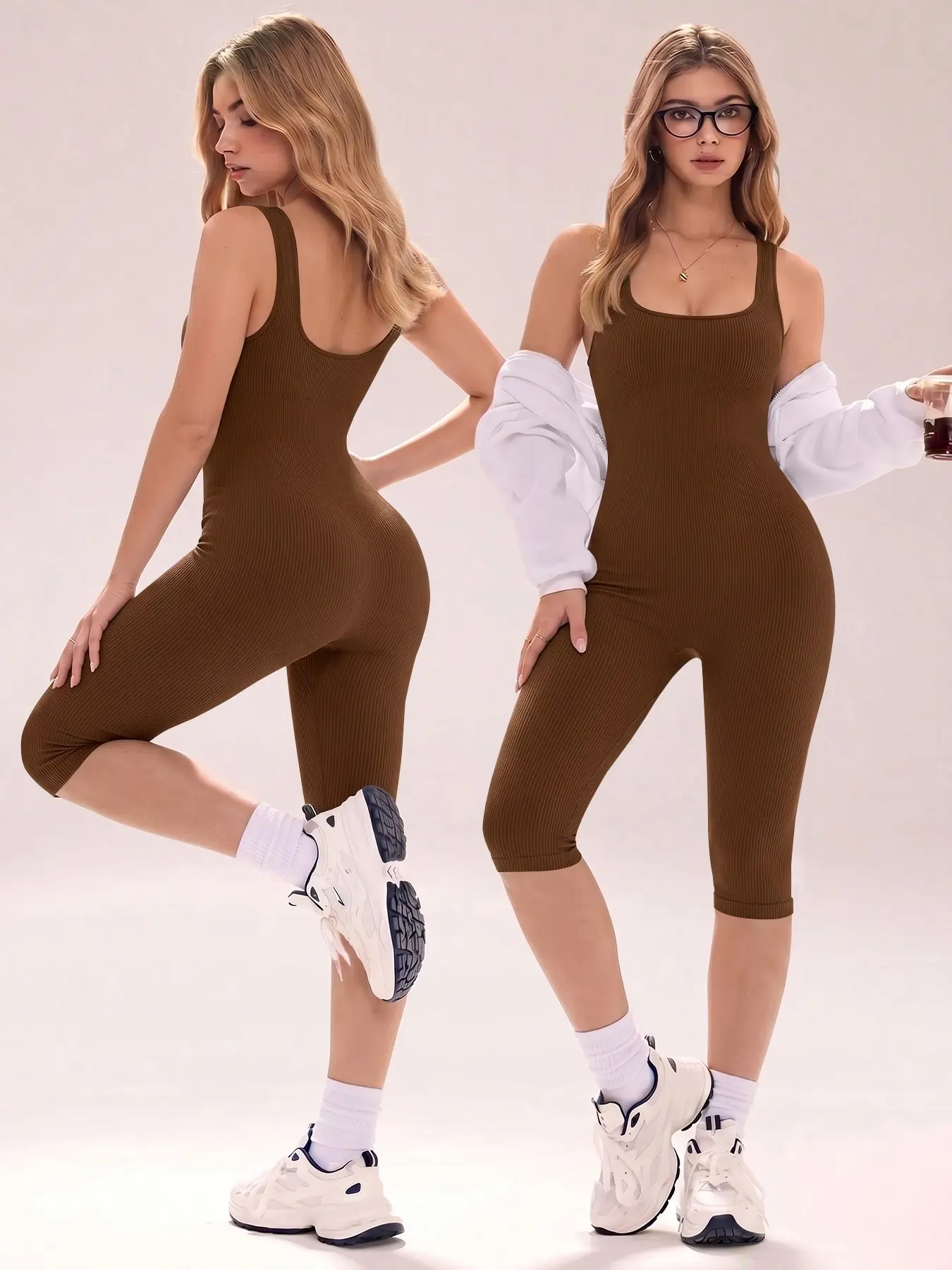 Women's Solid Square Neck Shapewear Seven Quarter Pants, Casual Comfy Tummy Control Seamless Ribbed Jumpsuit for Daily Wear, Ladies Shapewear for All Seasons