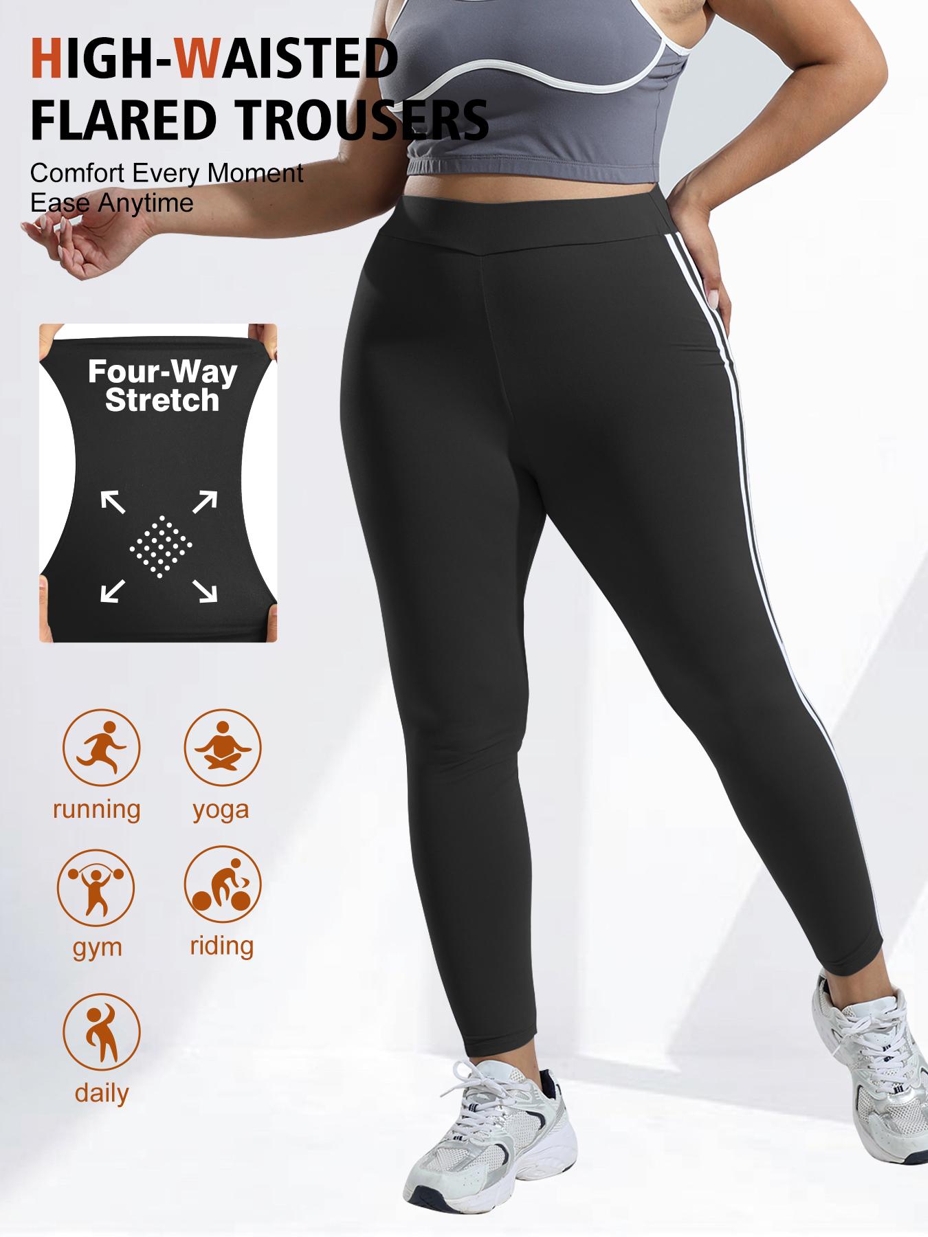 Women's Plus Size High Waist Skinny Pants, Side Colorblock Design, Elastic Comfortable Fit, Fashion Striped Pattern, Casual Wear，Cherry, High Waisted Leggings