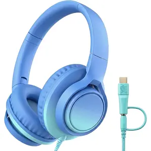 Wired Over-Ear Headphones with Microphone, 3.5mm Jack with USB-C Adapter, Comfortable Headset for  Learning, School, Tablet, Phone – Gradient Blue & Teal