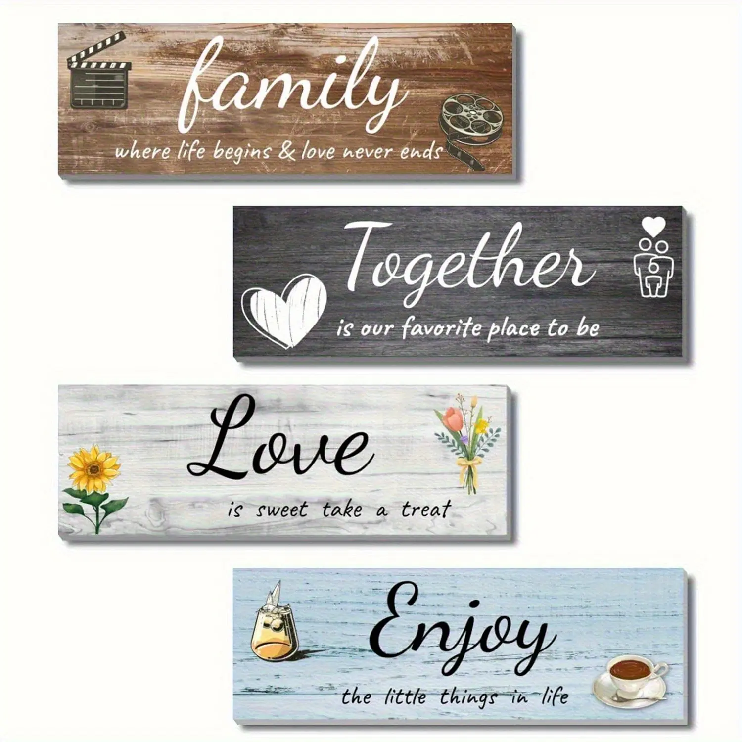 4-Piece Farmhouse Style Wooden Wall Plaques, Inspirational Quotes, Vintage Home Decor, Living Room, Bedroom, Entryway, Gift Idea, Decorative Wall Sign
