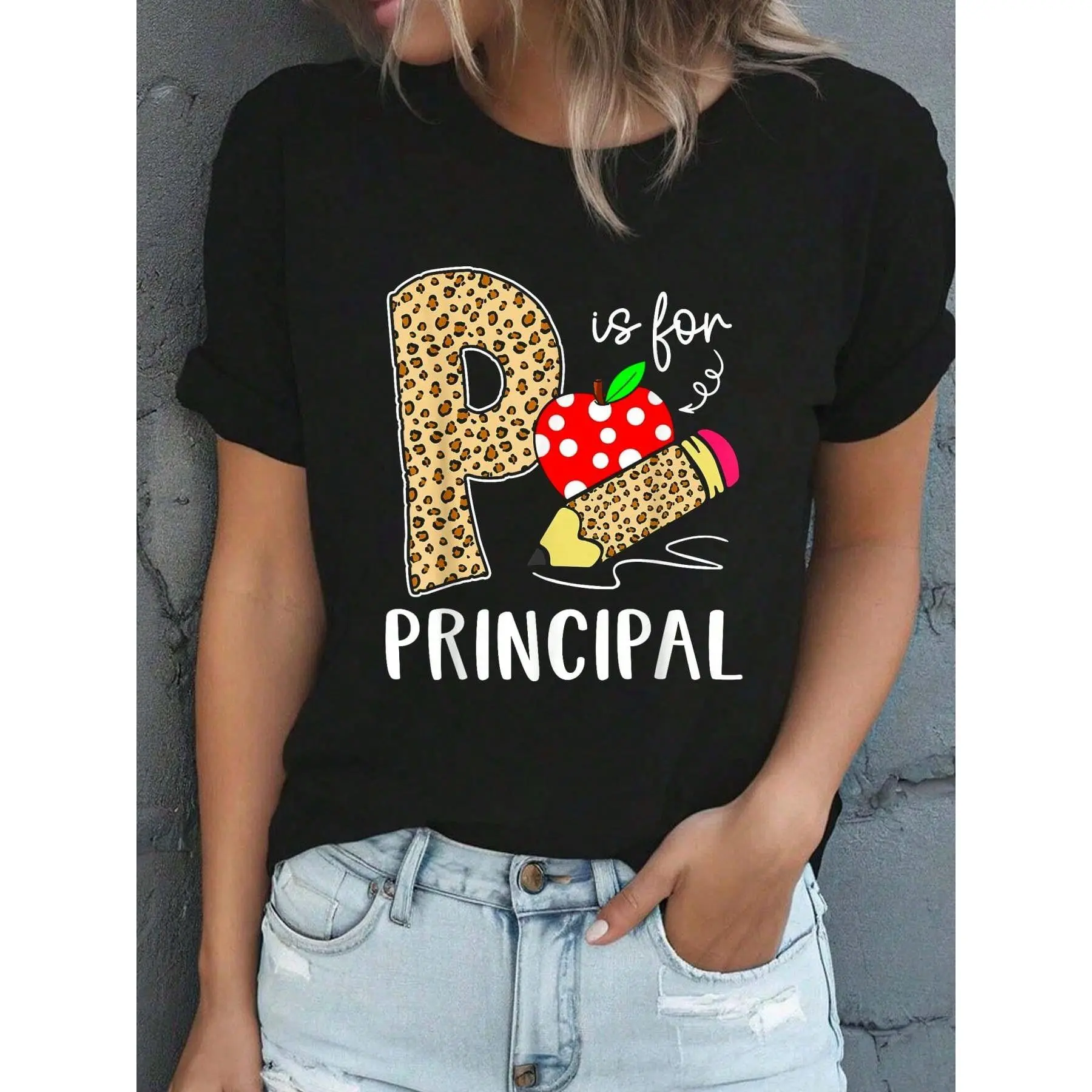 100% Cotton P Is For Principal Teacher Leopard Back To School Teacher T-Shirt Women's Men's Black Streetwear Graphic Tee Vacation T-Shirt Dress Summer