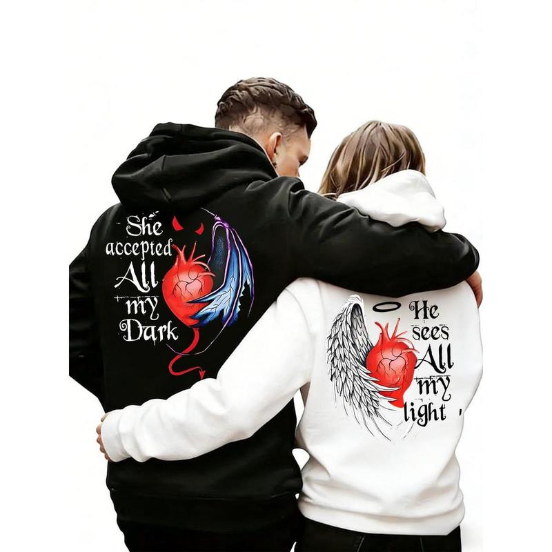 Valentine's Day Couple Outfit Limited Edition HE SEES ALL MY LIGHT SHE ACCEPTED ALL MY DARK Printed Hoodie with Kangaroo Pocket Plush Casual Long Sleeved Sweatshirt for Outdoor Use