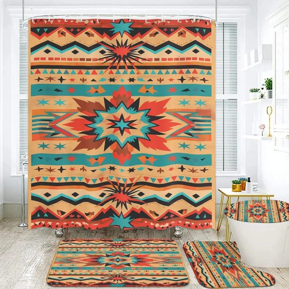4-Piece Southwestern Tribal Aztec Pattern Bathroom Set - Includes 71x71 Shower Curtain, Bath Mat, Contour Rug, Toilet Lid Cover