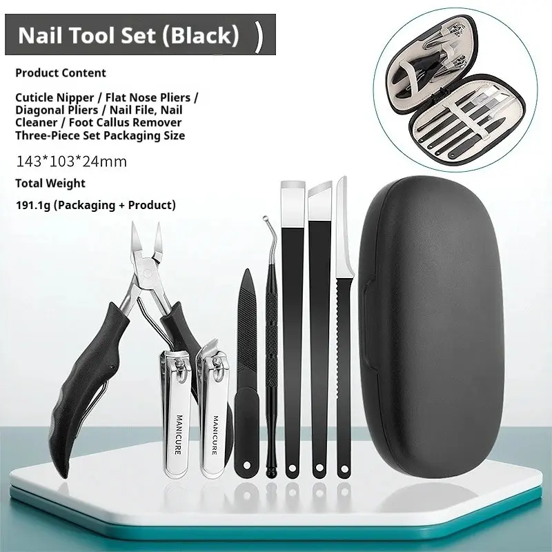8pcs Manicure Pedicure Tool Set, Thick Toenail Clippers, Cuticle Nipper, Nail File, Foot Callus Remover, Ear Pick with Storage Case