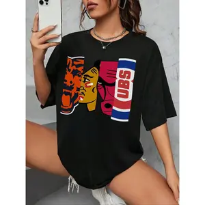 Chicago Sports Team Graphic T-Shirt, Round Neck Loose Fit Short Sleeve Tee, Bears Bulls Cubs Fan Inspired Gear, Sporty Athletic Baggy Summer Top, Casual Womenswear Streetwear Shirt for Sports Enthusiasts