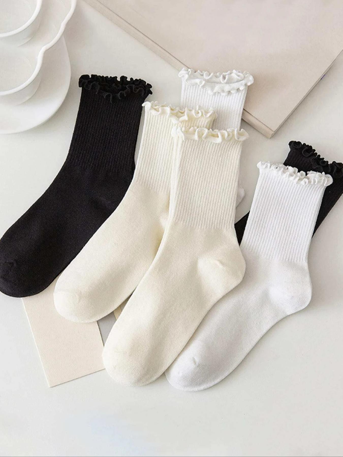Women's Frill Trim Crew Socks, Casual Basic Low Cut Socks for Daily Wear, Women's Socks for All Seasons