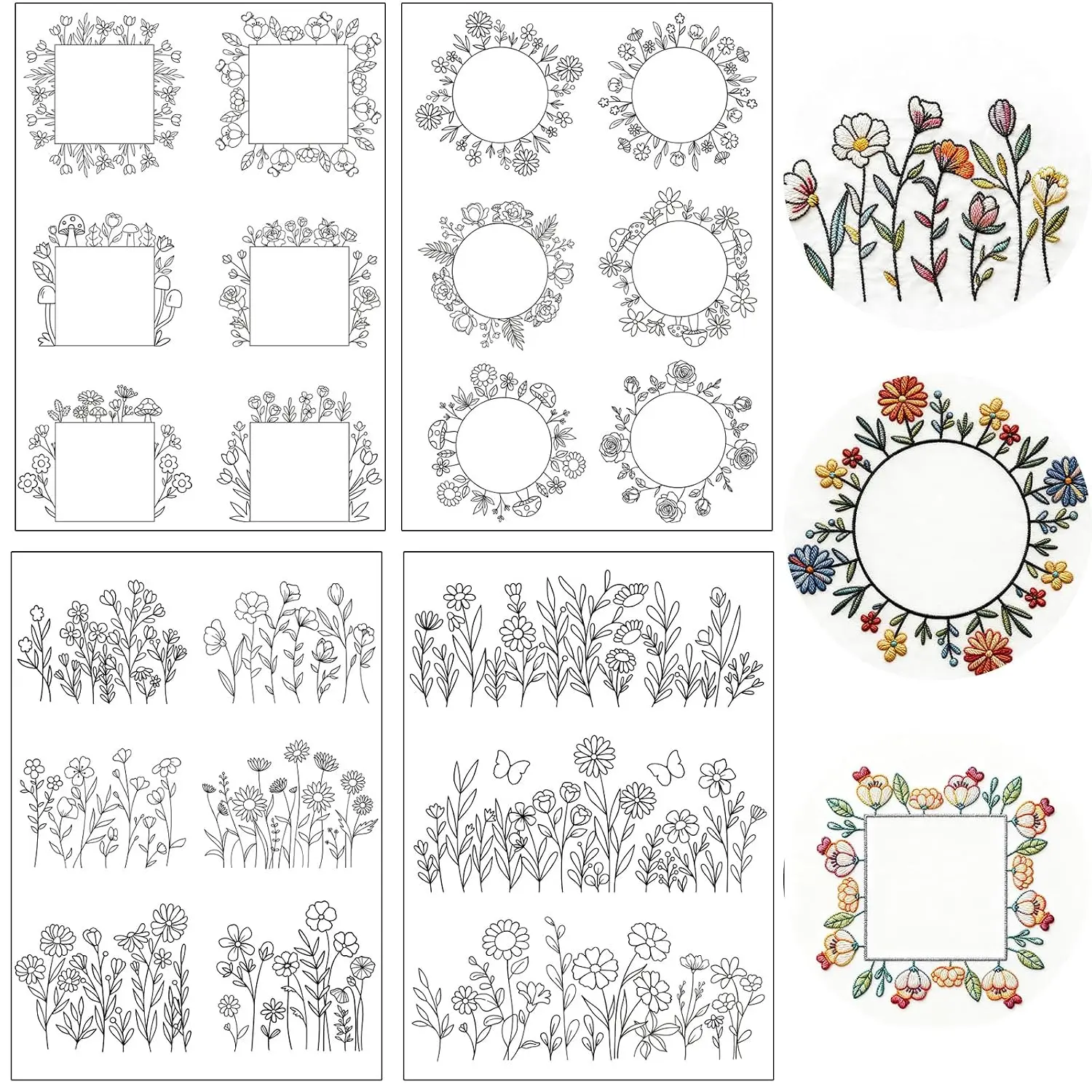 Flower Water Soluble Embroidery Patterns, 4 Sheets Stick and  Embroidery Papers Wash , Transfer Paper with Pre-Printed Floral Leaves Designs for Hand Sewing Lovers Beginners DIY Crafts Gifts