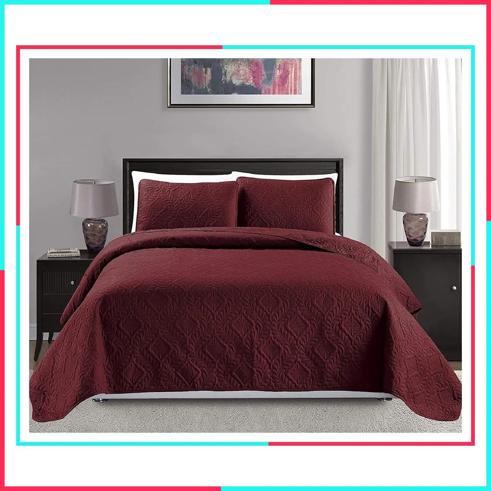 King/California King Oversized 118" x 106" 3-Piece Diamond Embossed Bedspread Bed Cover Set, Solid Burgundy