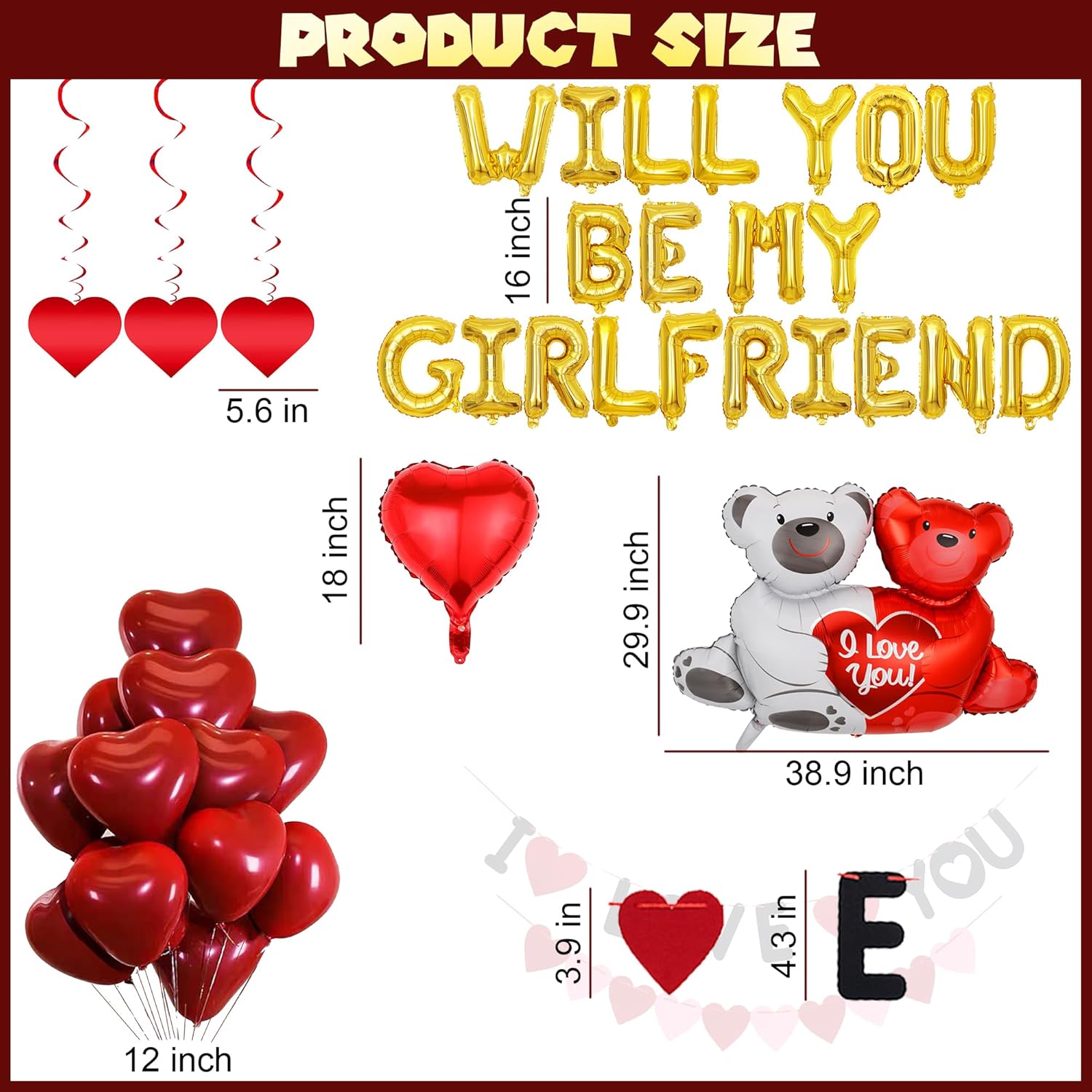 Valentine’s Day Decoration Balloon Kit - 16 Synthetic Foil Mylar Alphabet Letters, 18 Rubber Heart-Shaped Pieces, 2 Heart Hollow Foil Balloons, 1 "Will You Be My Girlfriend" Banner, Love Bear Hollow Wall Accessory for Birthday
