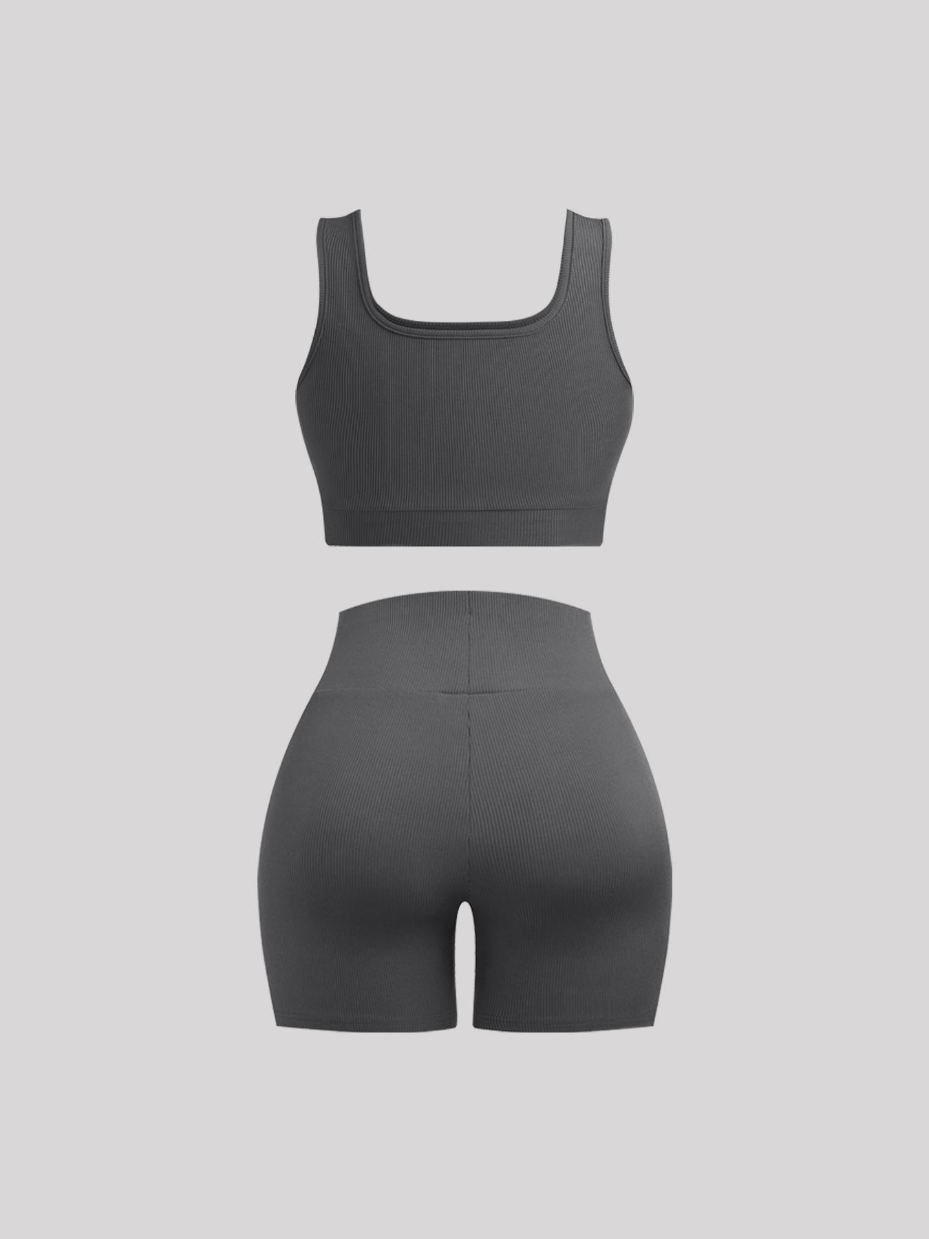 Women's Solid Ribbed Set, Casual Crop Tank Top & High Waist Skinny Shorts, Summer Outfits, Womenswear