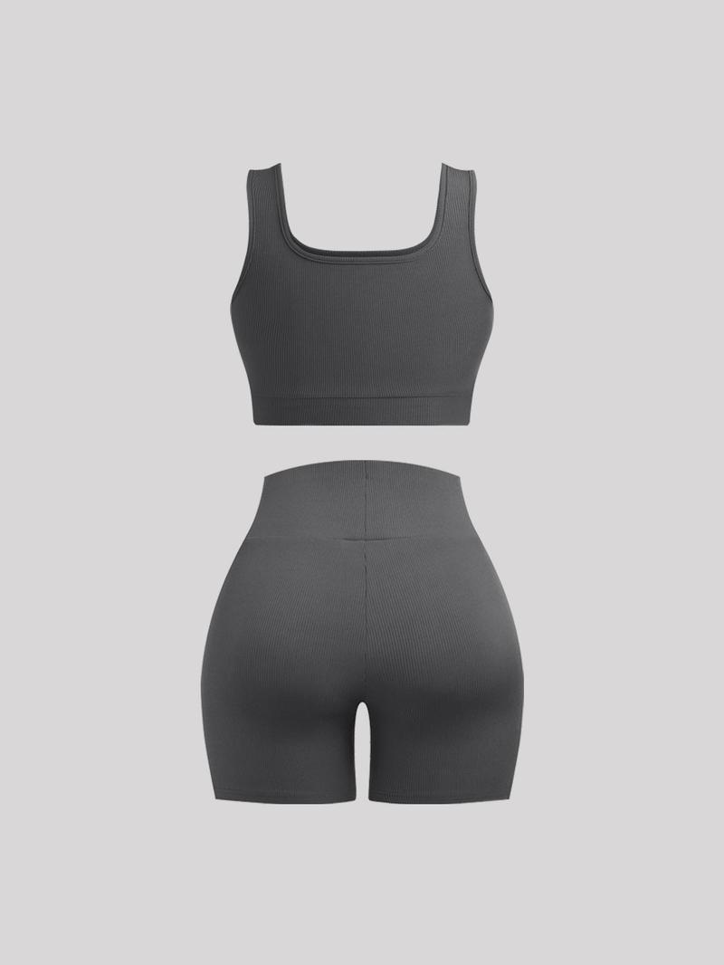 Women's Solid Ribbed Set, Casual Crop Tank Top & High Waist Skinny Shorts, Summer Outfits, Womenswear