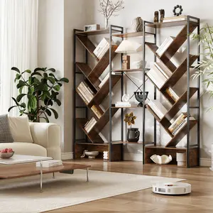Spacious Tree-Shaped Industrial Bookshelf, 6-Tier Triple Column Freestanding Bookcase with 24 Open Storage Shelves for Living Room & Home Office