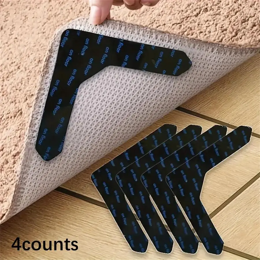 Non-slip Carpet Sticker, 4 Counts Non-slip Area Rug Sticker, Prevent Rugs from Moving and Rolling Edges, Suitable for Living Room Dining Room Bathroom Rugs