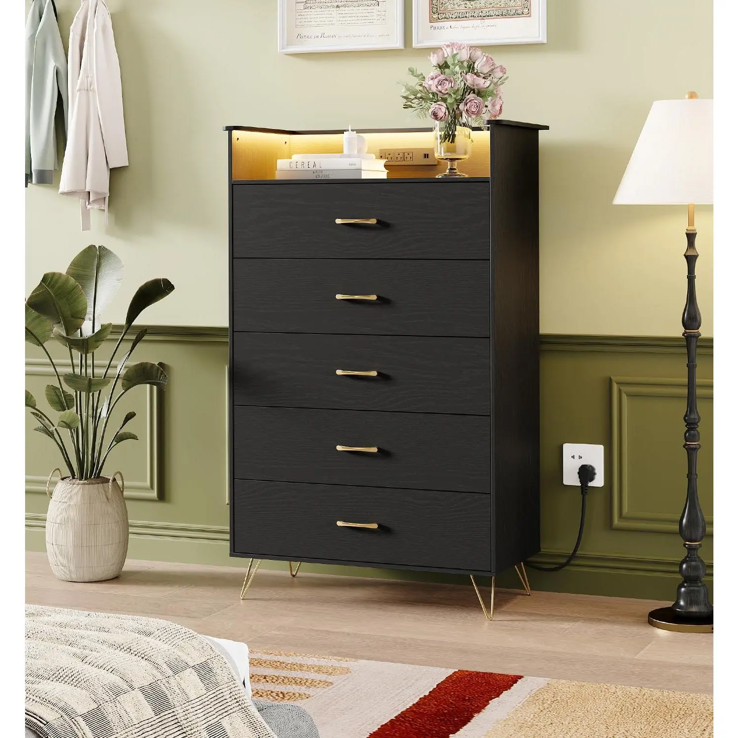 Modern Tall 5-Drawer Dresser Built-In LED Lights & Charging Station, Smooth Silent Soft-Close Slides, Spacious Water-Resistant Wood Storage Cabinet for Bedroom Closet Hallway, Simple Assembly