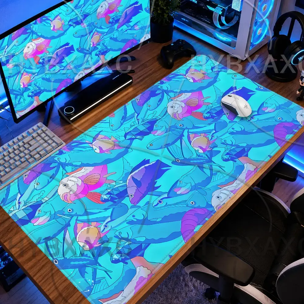 HD Printing Fish Rubber Mouse Pad For Laptop Office Gaming Pad Setup Gamer Accessories Anime Desk Mats Blue Purple Ocean Fish School Gaming Mouse Pad XXL Table Mat Mouse Carpet Rug