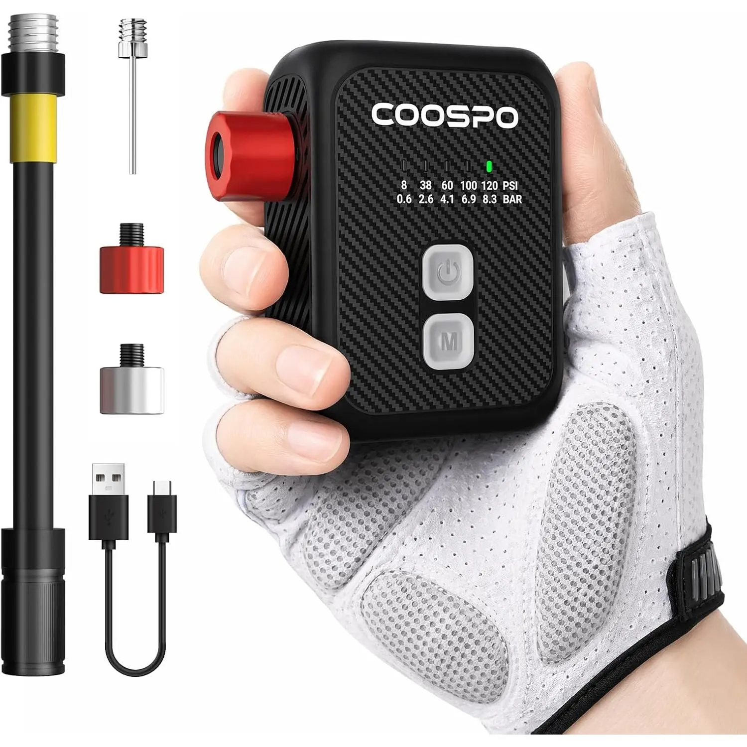 CooSpo Mini Electric Bike Pump, Max 120 PSI, Multiple Presets Available, Auto Shut-Off Air Pump with Presta/Schrader Valves for All Bicycles, Ball, Car Accessories
