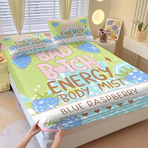 3-Piece "Bad B*tch Energy" Blue Raspberry Body Mist Fitted Sheet Set, 1 Fitted Sheet+2 Pillowcases, Soft Breathable Fabric, Deep Pocket, Y2K Girl Vibe Bedding for Bedroom & Gift