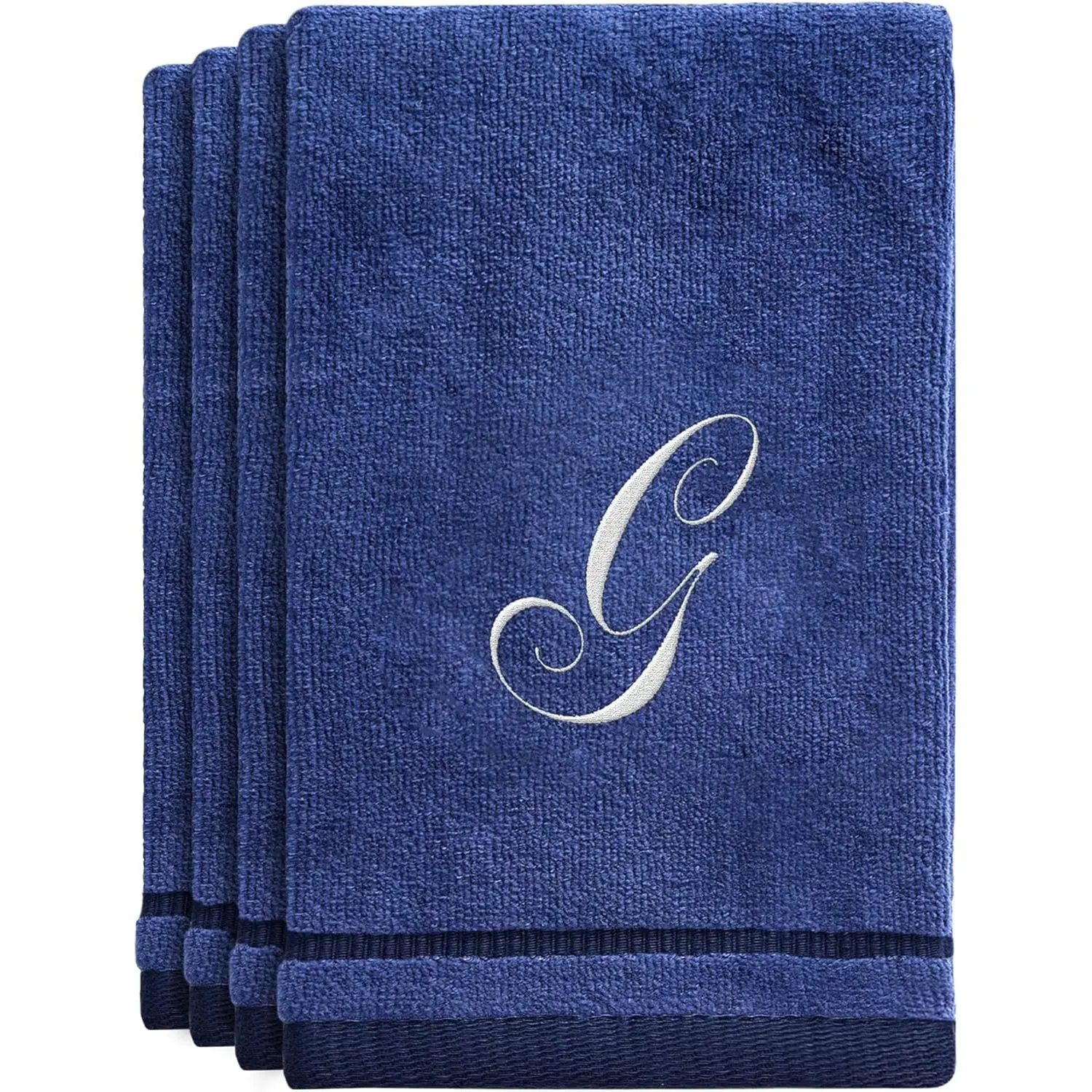 Navy Blue Monogrammed Towels with Initials - 4 Pack Super Absorbent Bathroom Fingertip Cotton Towel with Soft Velour Finish - Personalized Gifts for Freinds & Family 11"x18" Initial G