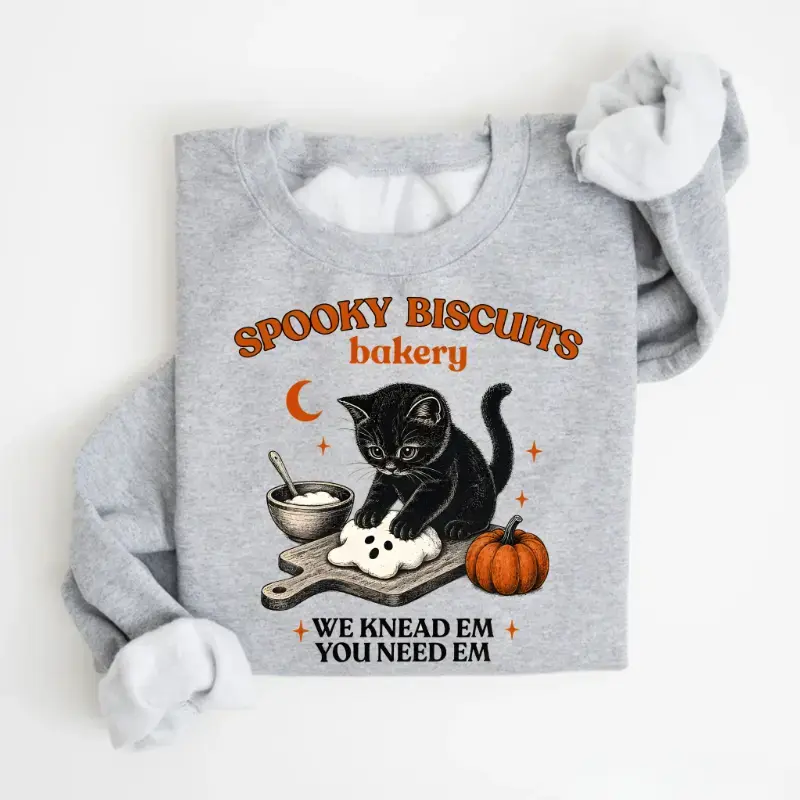 Kitty Biscuits Sweatshirt, Spooky Season Black Cat Halloween Crewneck, Vintage Baking Pumpkin Pullover, Cute Cat Lover Fall Sweatshirt Gift